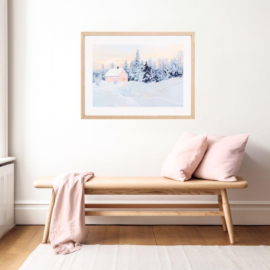 Pink Cabin Winter Forest Painting Pastel Snowy Trees Wall Art Print Colorful Finland House Frozen Landscape - Image 2