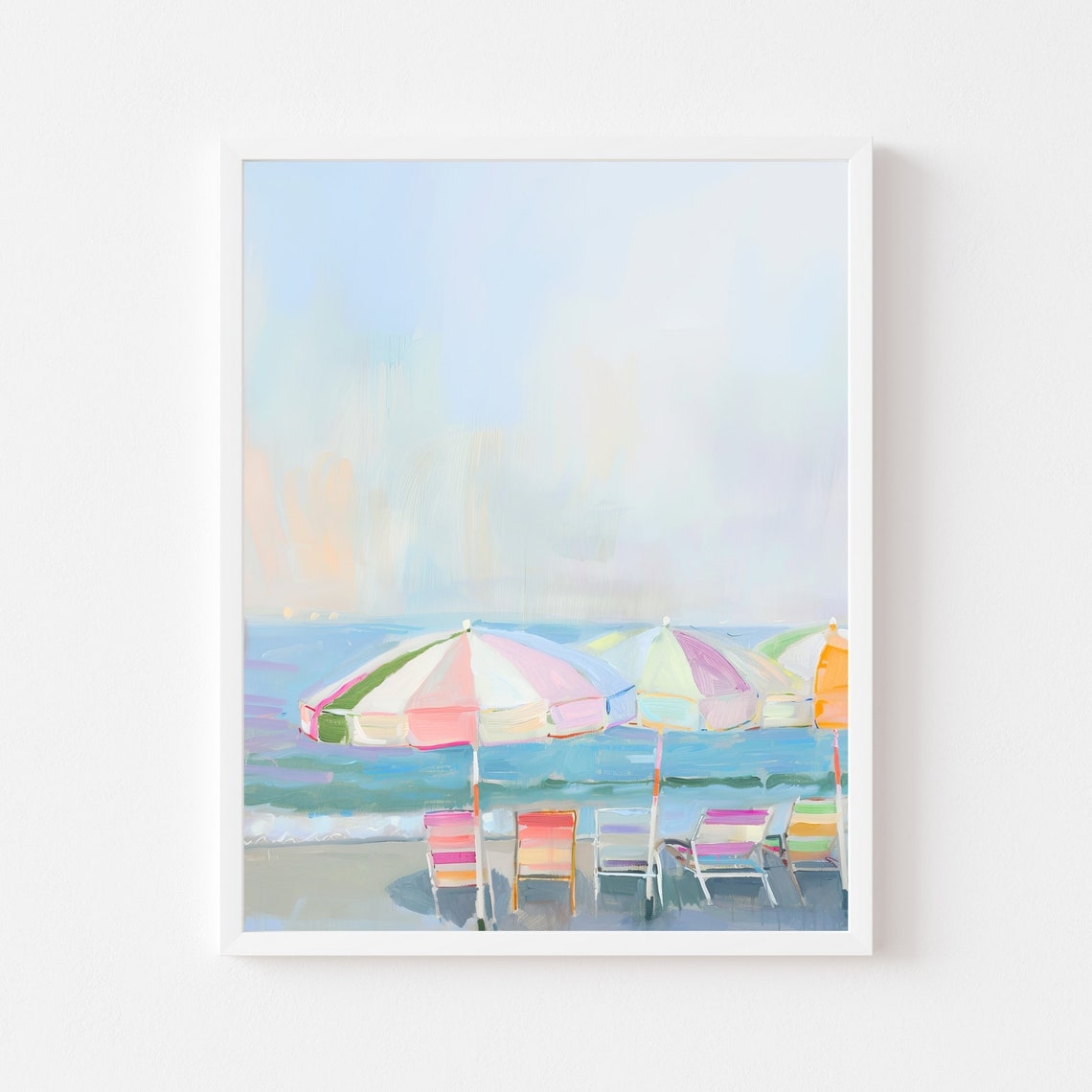 Sunny Striped Beach Umbrellas Coastal Summer Scene Bright Poster