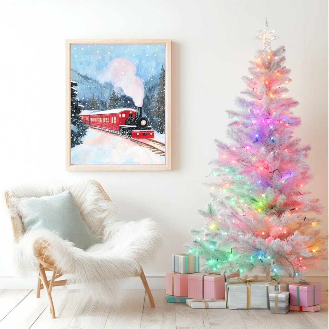 Christmas Red Steam Train Traveling Through Snowy Forest Poster - Image 2