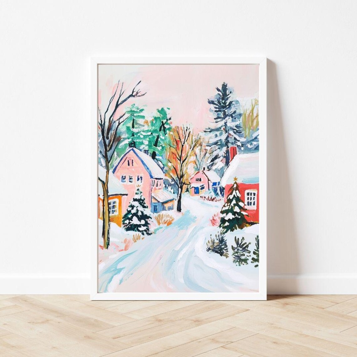 Pink Snowy Christmas Village Winter Town Colorful Holiday Art Poster - Image 3
