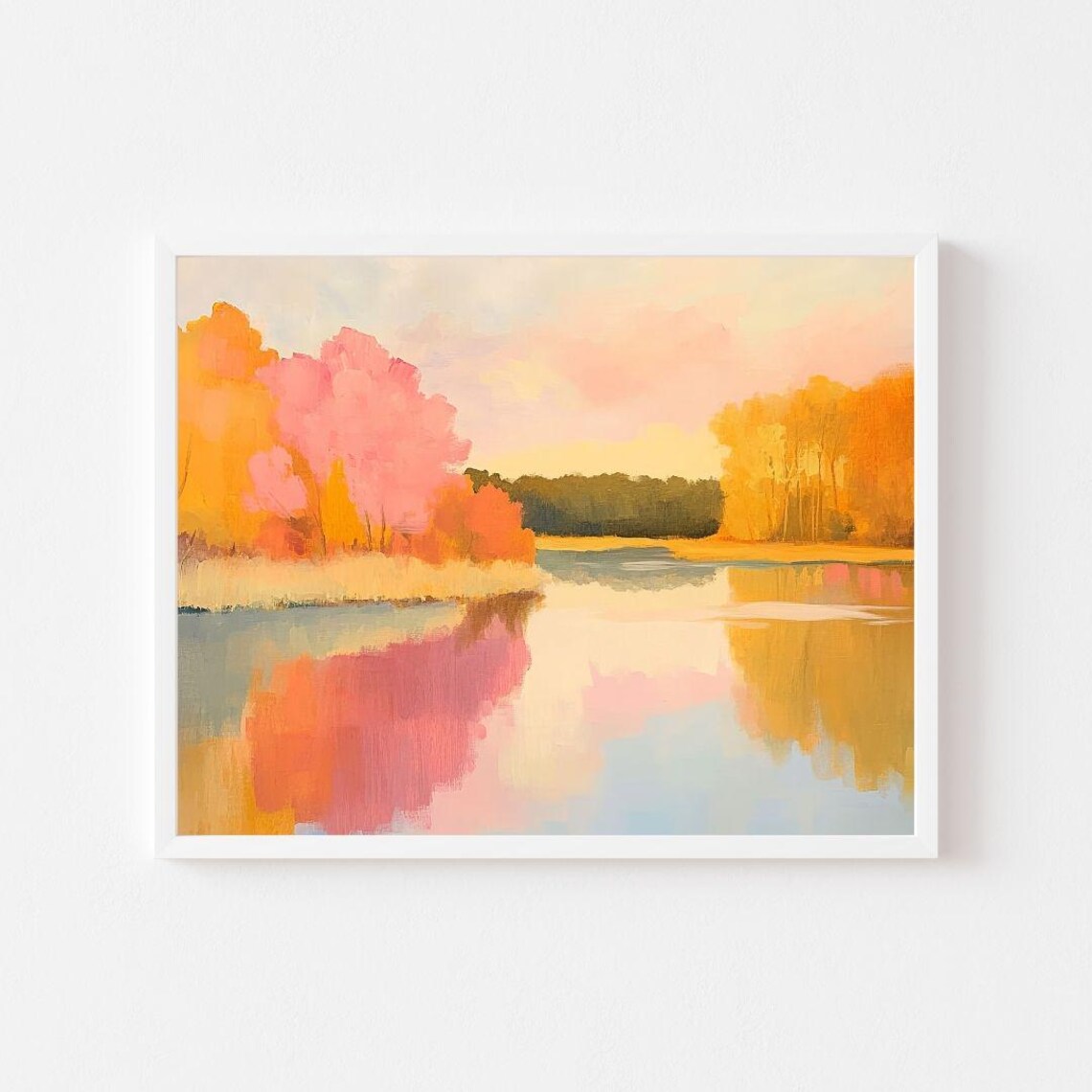 Pink and Gold Autumn Forest Lake Reflections Painting Poster