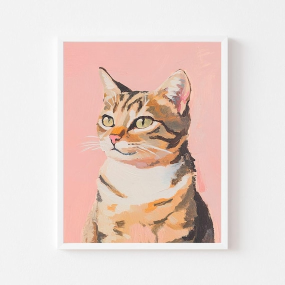 Tabby Cat Portrait With Green Eyes on Pink Background Poster