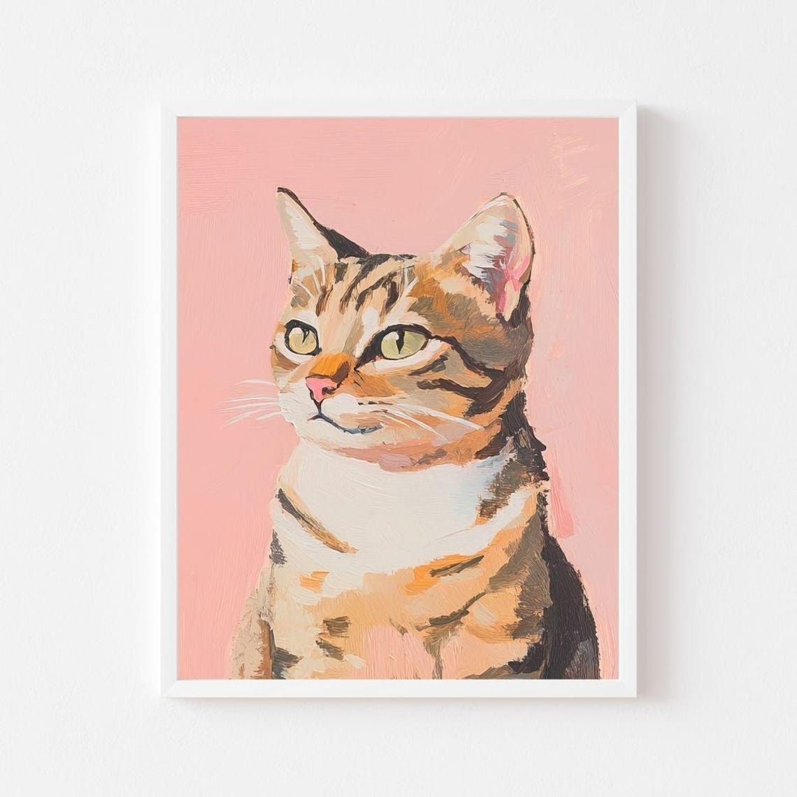 Tabby Cat Portrait With Green Eyes on Pink Background Poster