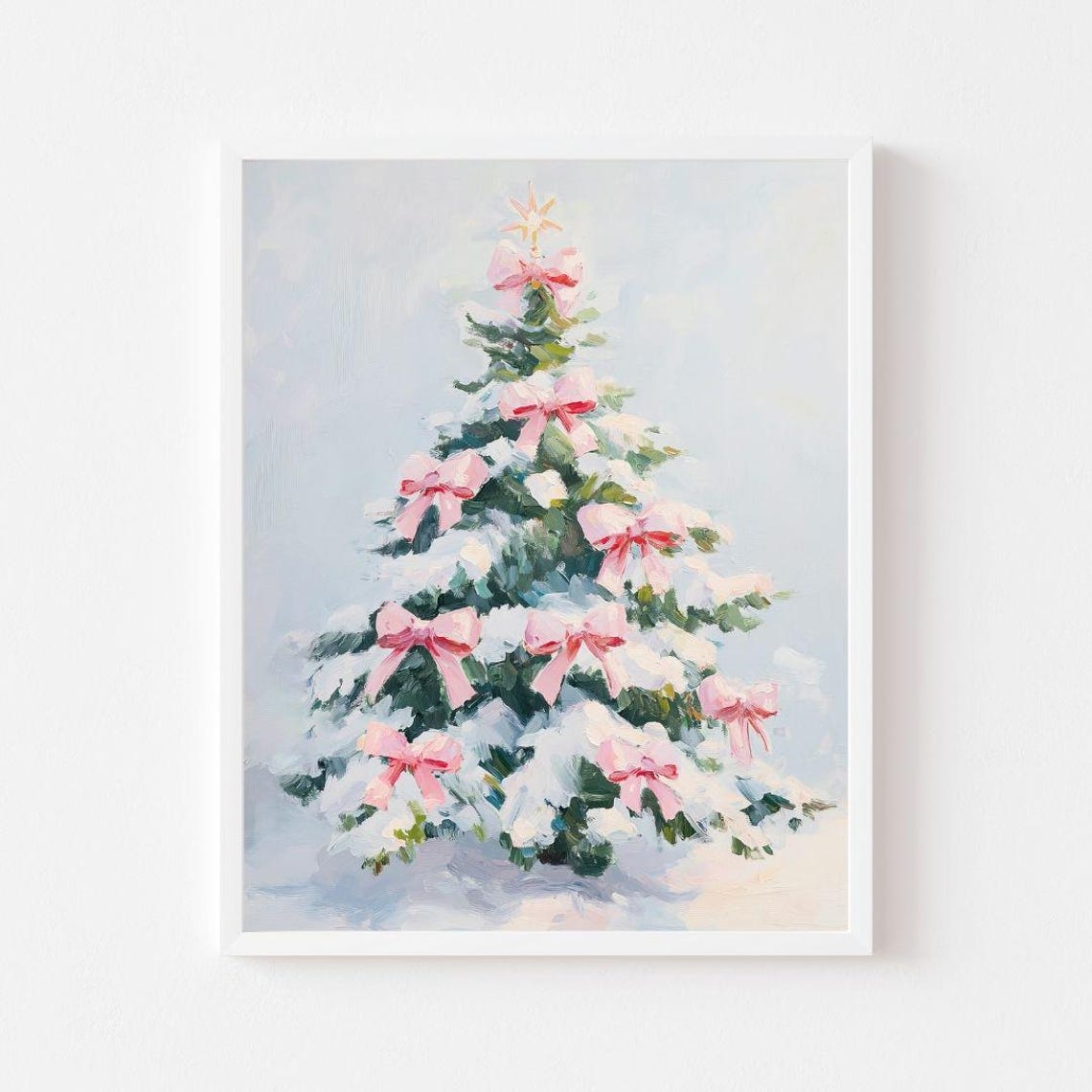 Snowy Christmas Tree With Pretty Pink Bows Holiday Modern Poster
