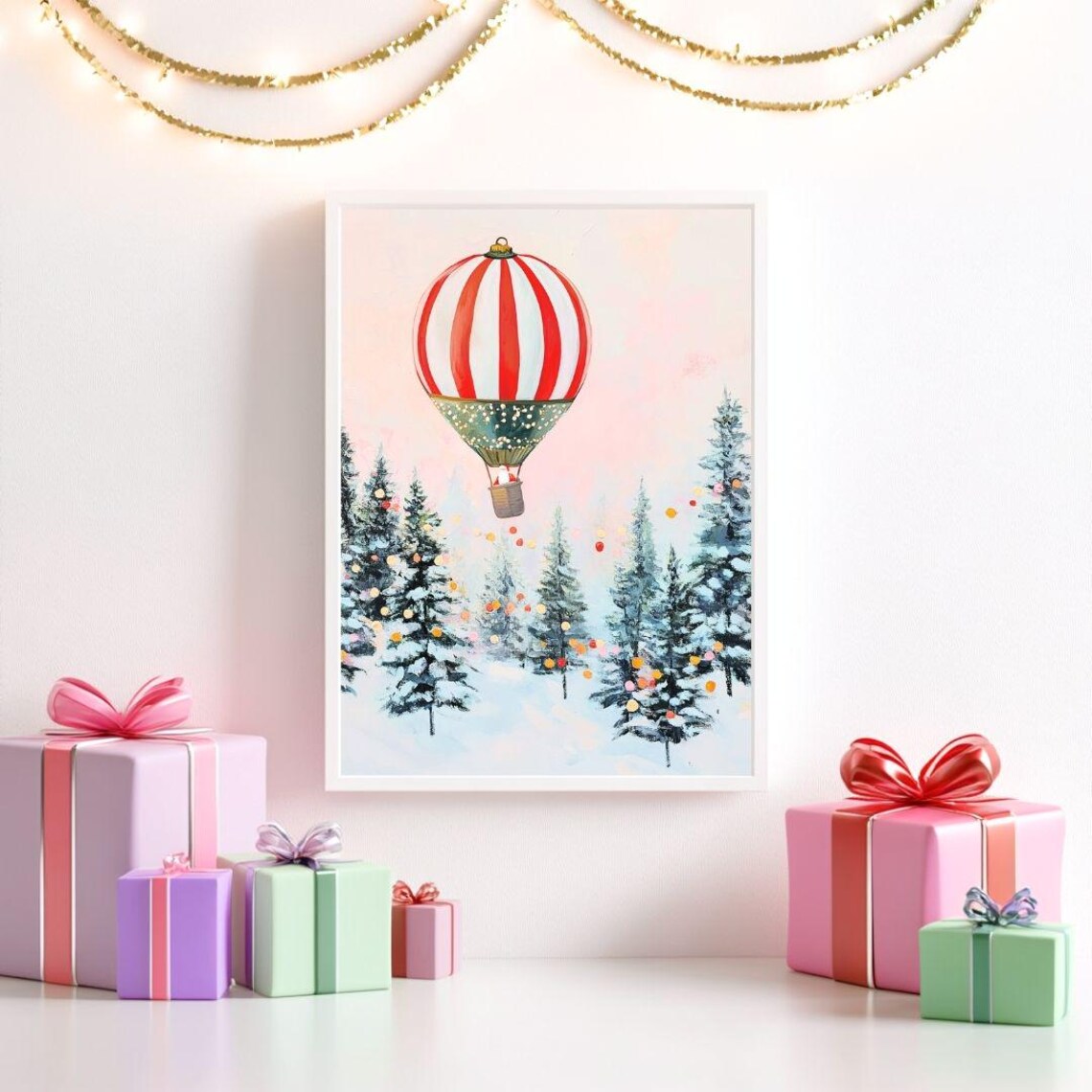 Santa Claus in Hot Air Balloon, Retro Christmas Art Print - Image 2