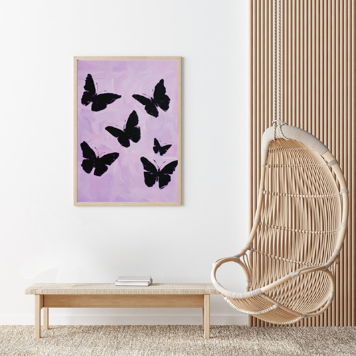 Black Butterfly Silhouettes On A Soft Lavender Background Poster - Image 2