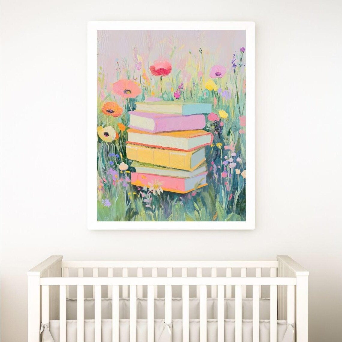 Book Stack in Flowers, Floral Reading Nook Art Print - Image 2