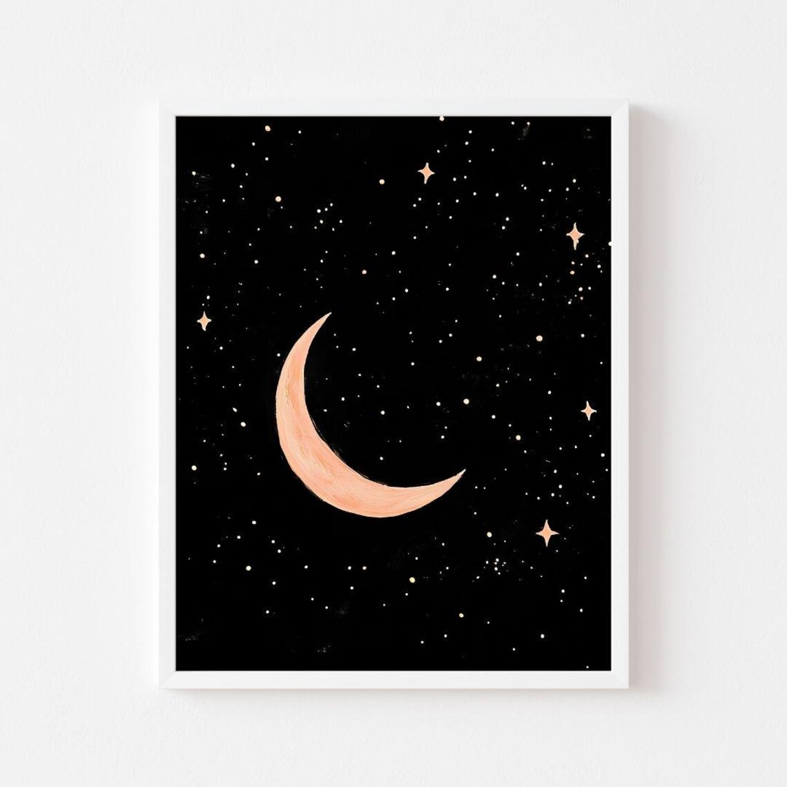 Pink Crescent Moon And Stars On A Black Starry Night Sky Poster