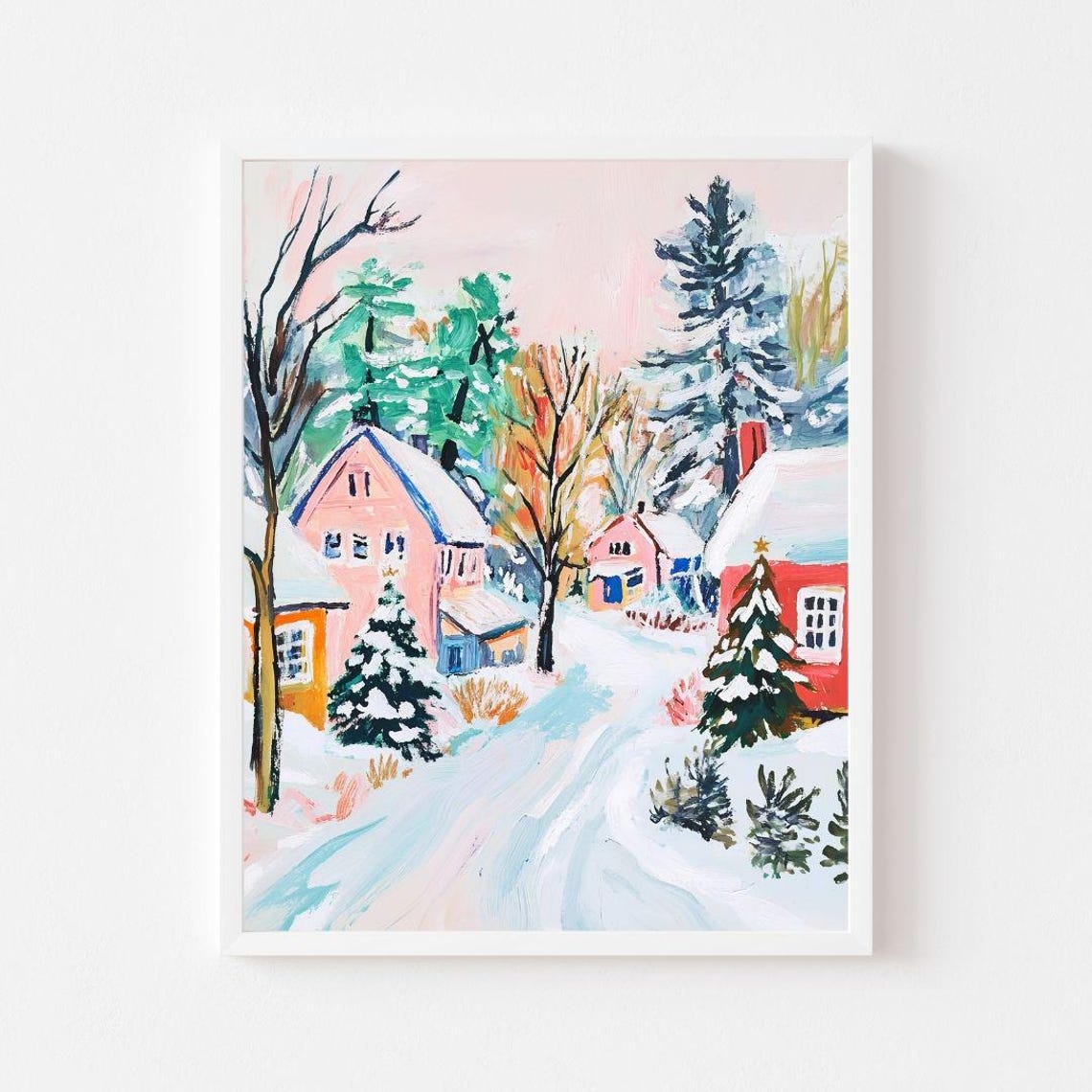 Pink Snowy Christmas Village Winter Town Colorful Holiday Art Poster