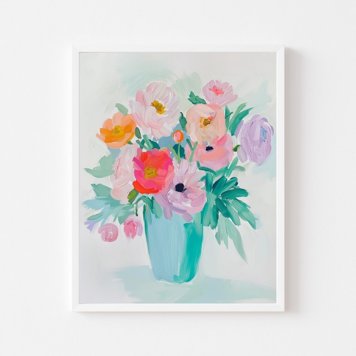 Colorful Mixed Flower Bouquet In A Pastel Teal Vase Art Poster