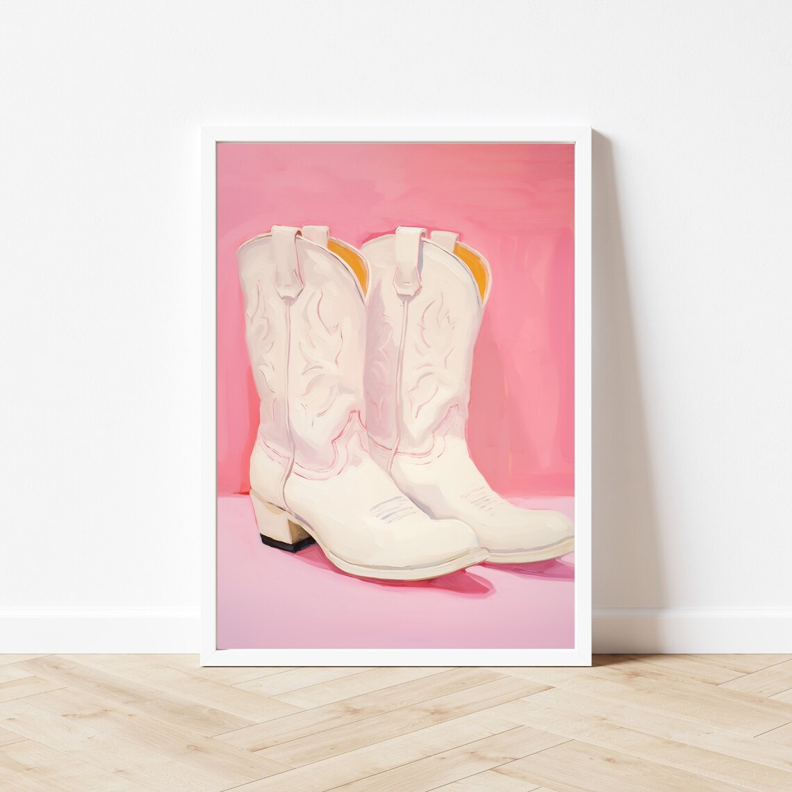 White Cowgirl Boots Painting, Pink Western Room Art Print - Image 2