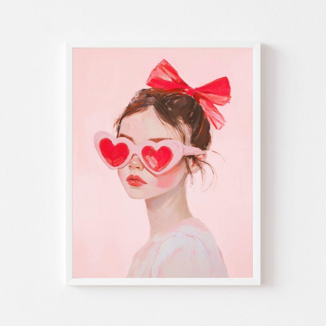 Girl With Heart Sunglasses Painting Valentines Day Wall Art Print Pink Girls Room Preppy Red Bow Portrait
