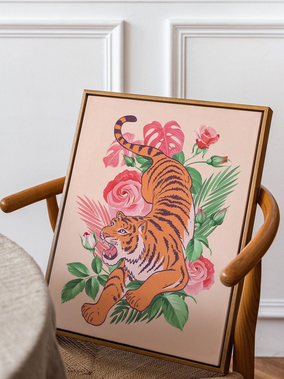 Cream Background Leaping Tiger With Pink Roses Floral Poster - Image 2