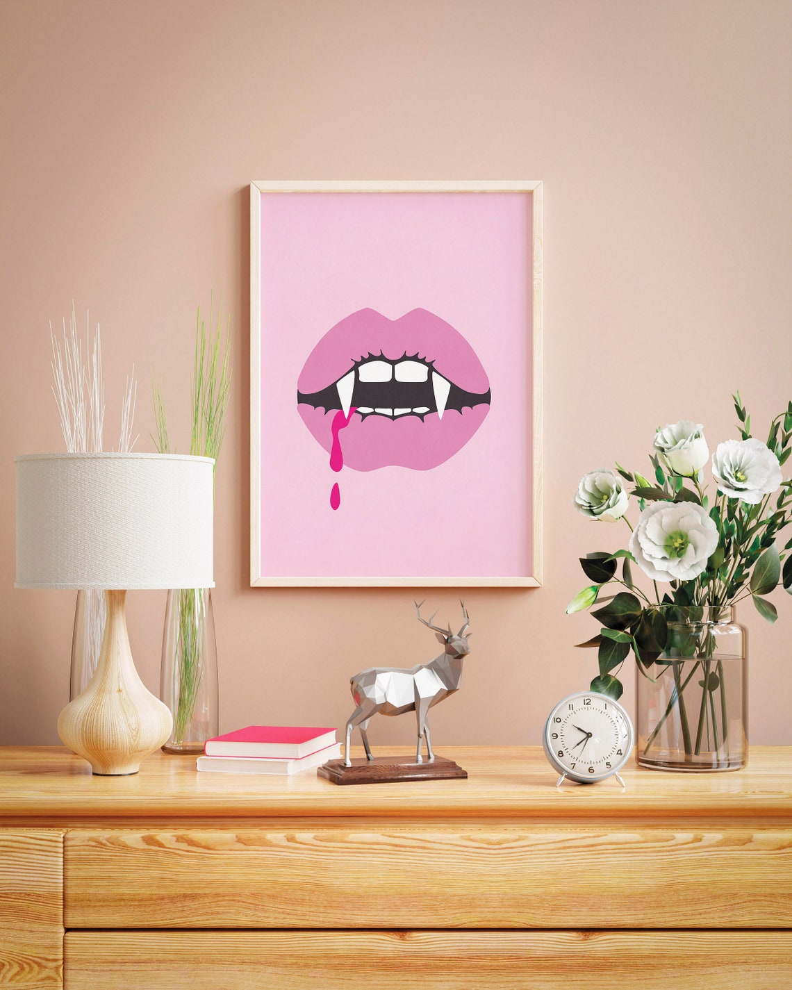 Pink Vampire Lips Fangs Dripping Blood Girly Halloween Poster - Image 2
