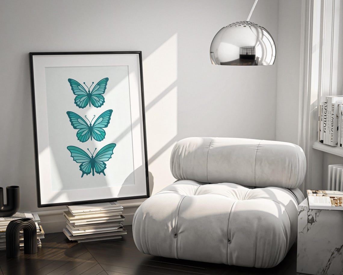Three Turquoise Butterflies Minimalist Insect Illustration Wall Art - Image 2