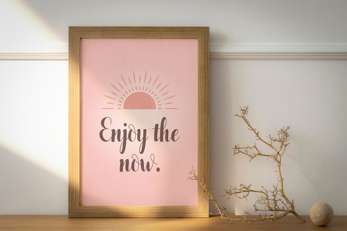 Enjoy The Now Pastel Pink Minimalist Sunrise Mindful Quote Wall Art - Image 3