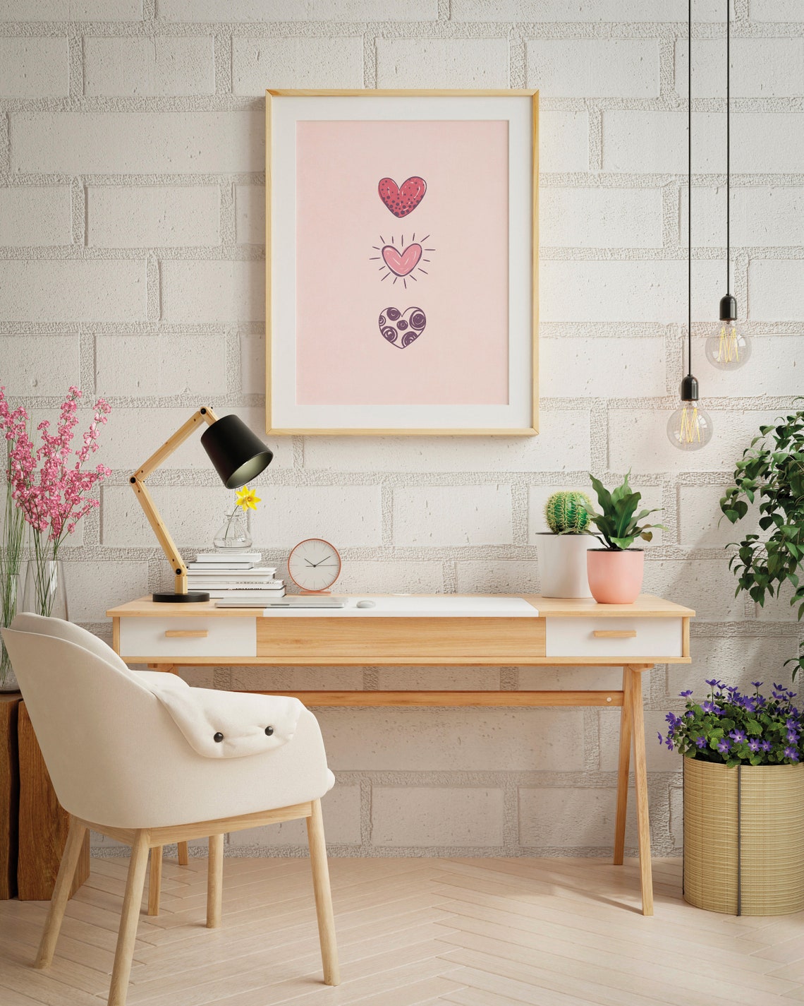 Hand Drawn Hearts Trio Blush Pink Cute Minimalist Decor Wall Art - Image 3