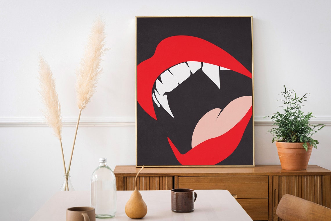 Vampire Red Lips Fangs Bite Bold Gothic Halloween Pop Art Poster - Image 2