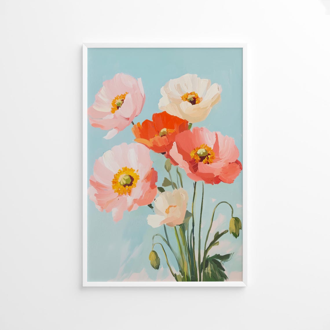 Pastel Poppy Flower Bouquet on Soft Teal Botanical Art Print