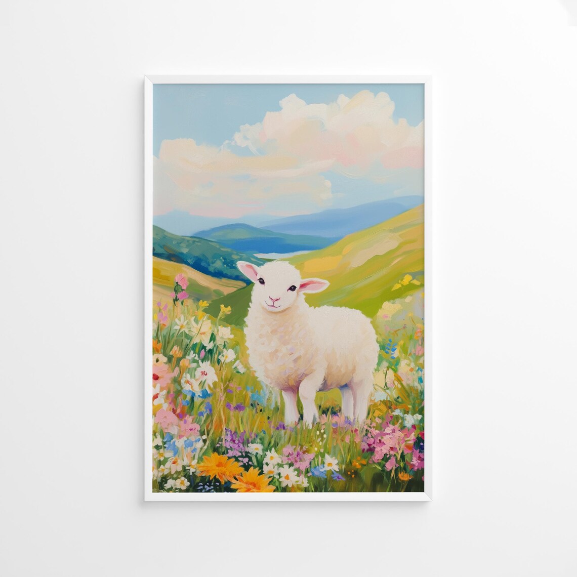 Cute White Lamb in Blooming Meadow Pastel Spring Animal Poster