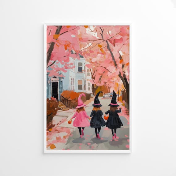 Three Girls Trick Or Treating Poster Pink Halloween Witches Art Print Room Autumn Decor Spooky Cute Wall Fall