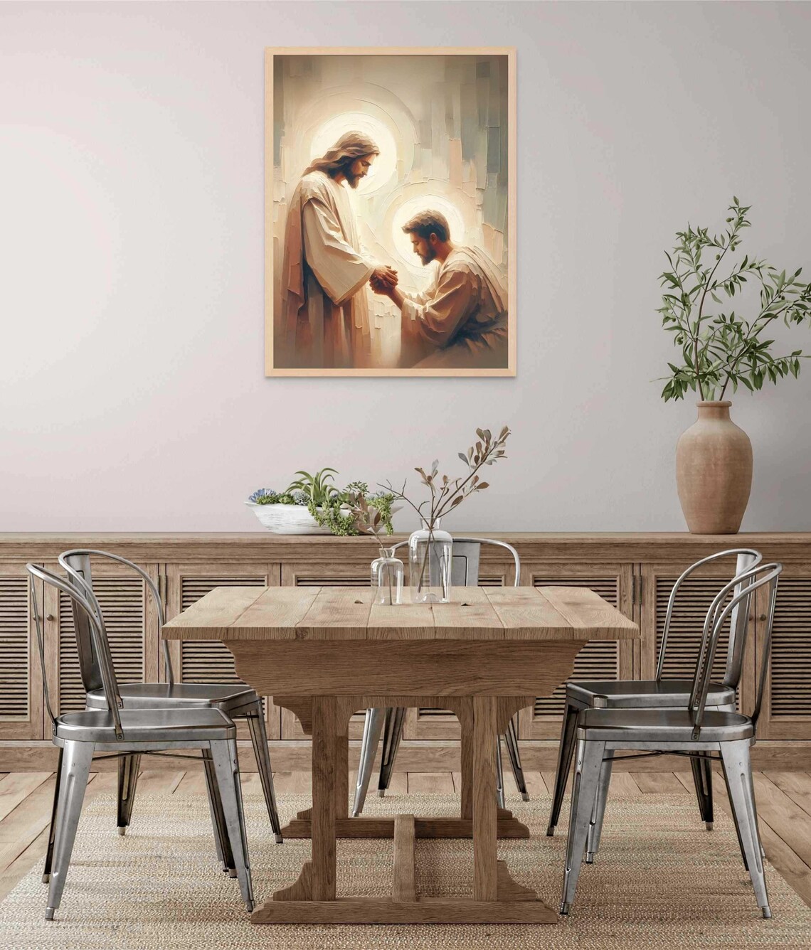 Jesus Holding Kneeling Man's Hands In Prayer With Soft Halo Glow Poster - Image 6
