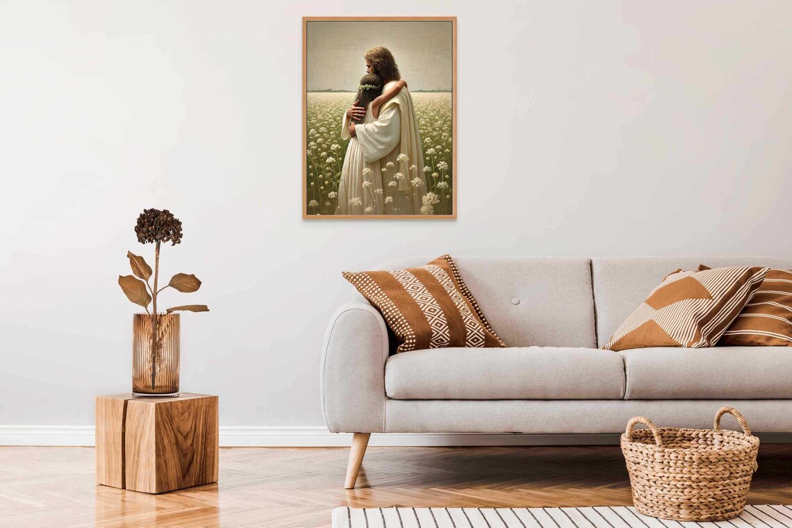 Jesus Holding Girl With Flower Crown In Field Of White Blossoms Poster - Image 6