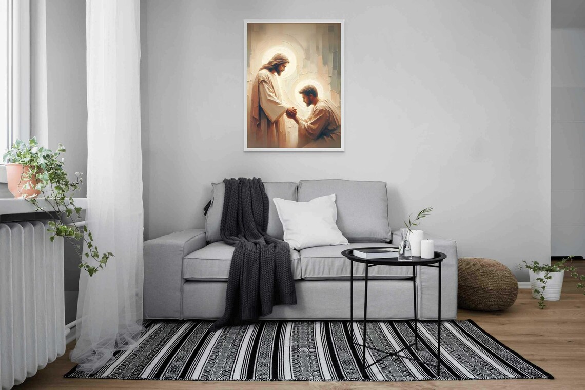 Jesus Holding Kneeling Man's Hands In Prayer With Soft Halo Glow Poster - Image 4