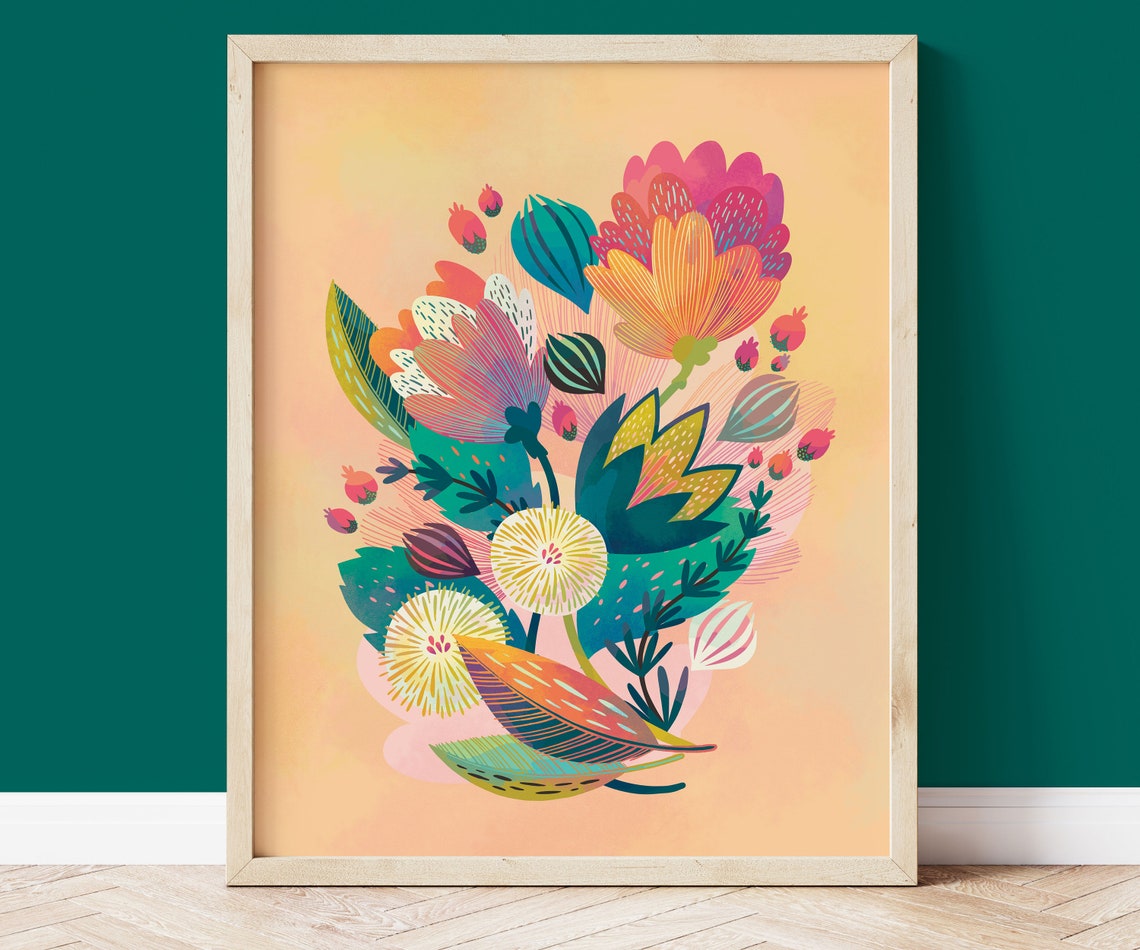 Peach Coral Floral Bouquet Modern Botanical Illustration Print