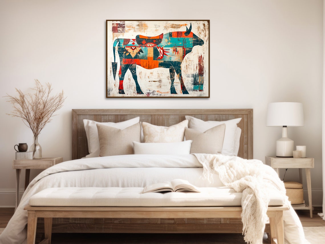 Patchwork Longhorn Bull Painting Tribal Pattern Western Wall Poster - Image 2