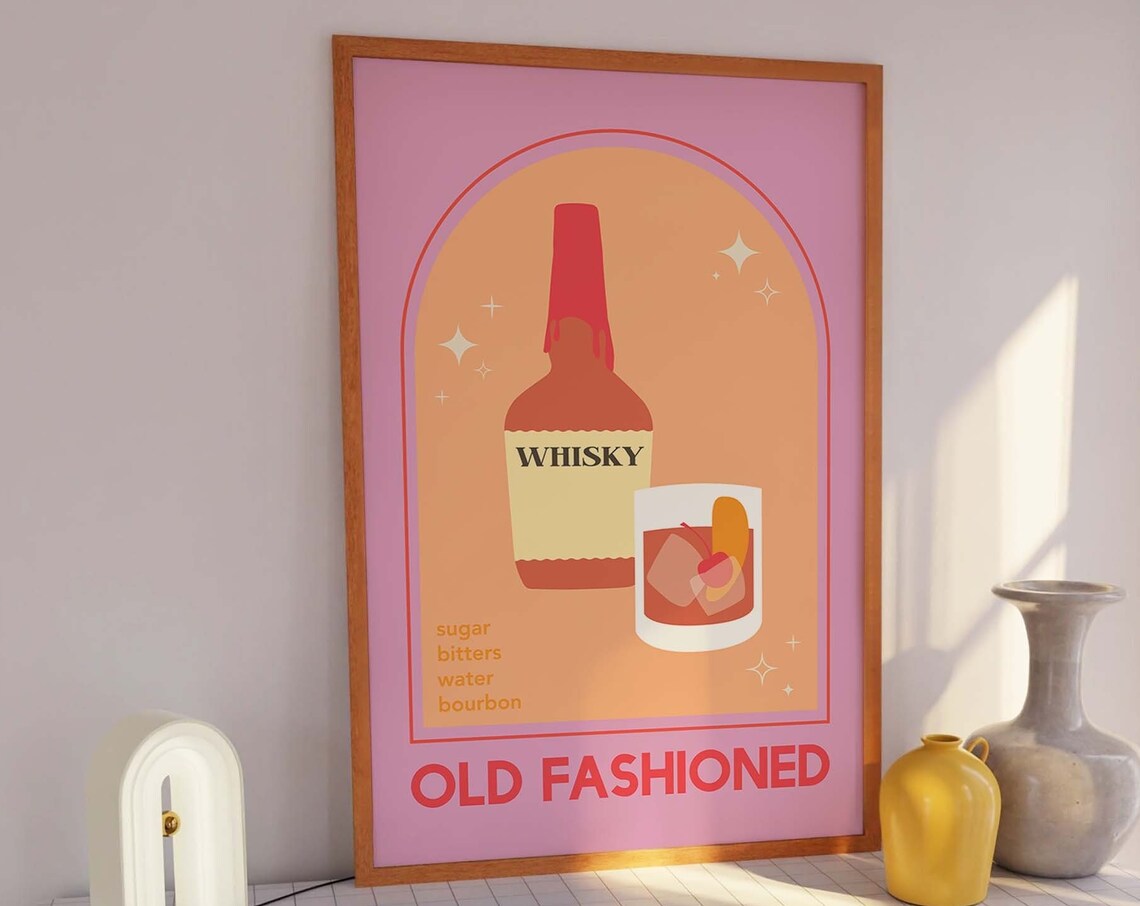 Pink Old Fashioned Whisky Cocktail Recipe Retro Bar Cart Poster