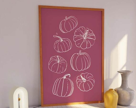 Pumpkins White Line Art Mauve Sketch Rustic Fall Wall Decor Poster