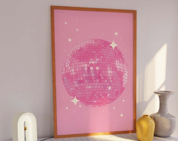 Pink Disco Print Art Pink Disco Ball Exhibition Print Mirrorball Art Print Cute Trendy Wall Art