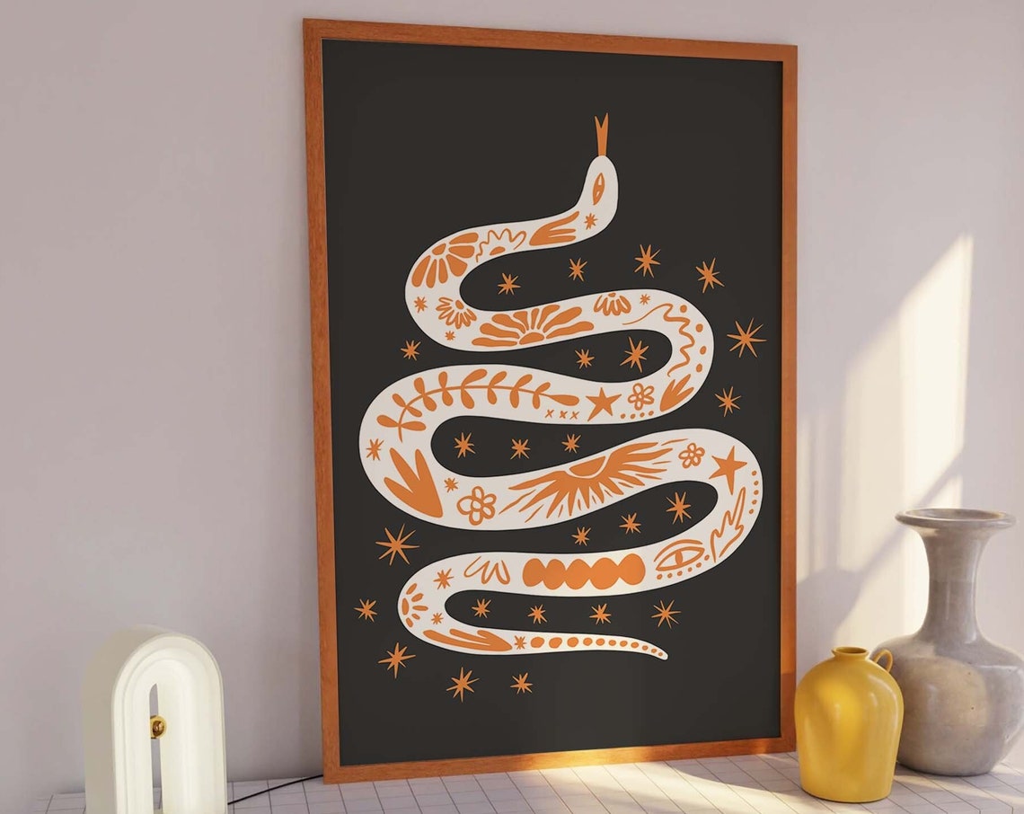 Boho Tattoo Snake Orange Halloween Illustration Black Art Poster - Image 7