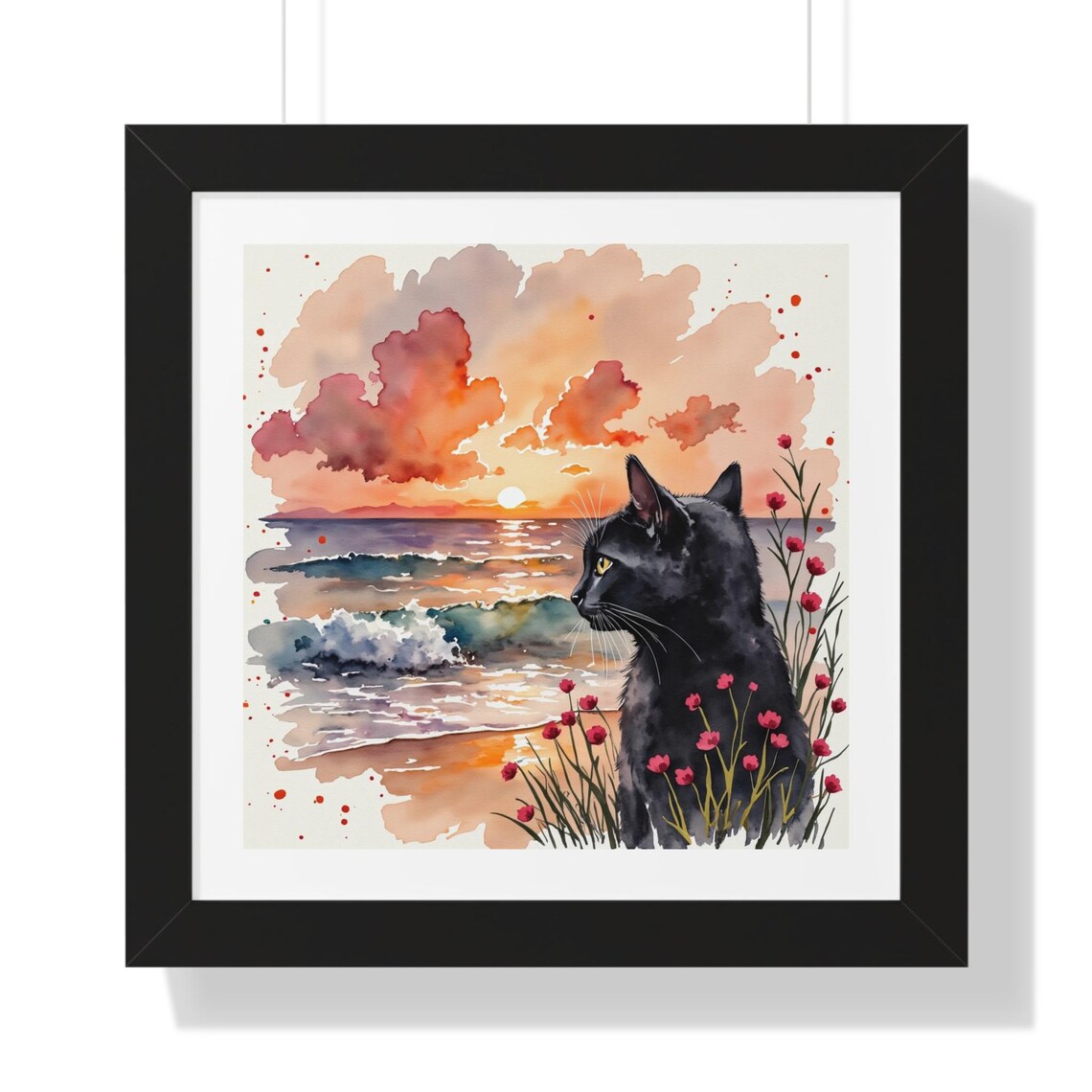 Black Cat Sunset, Cat Lover Coastal Art