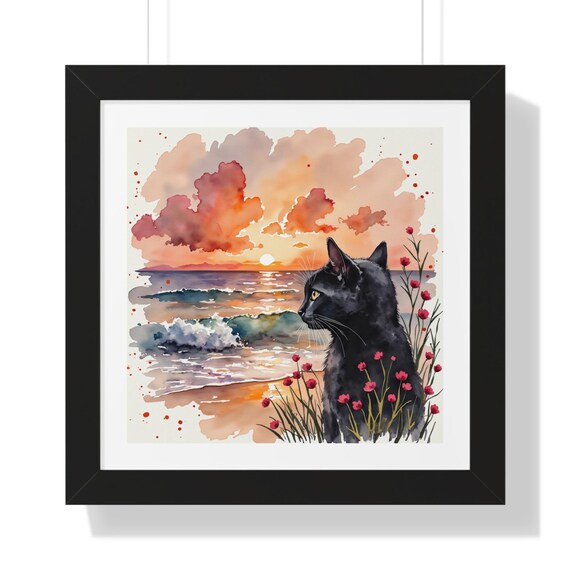 Black Cat Sunset, Cat Lover Coastal Art