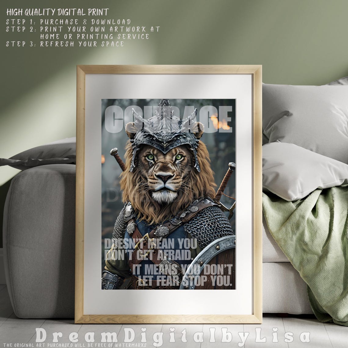 Courage Lion Warrior Poster Armored Lion Motivational Quote Artwork - Image 4