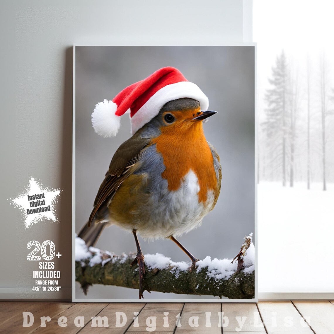 Christmas Robin Wearing Santa Hat Snowy Winter Bird Scene Poster