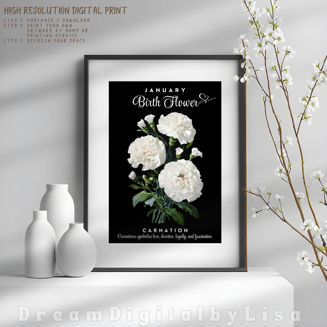 Elegant January Birth Flower Carnation White Botanical Floral Poster - Image 4
