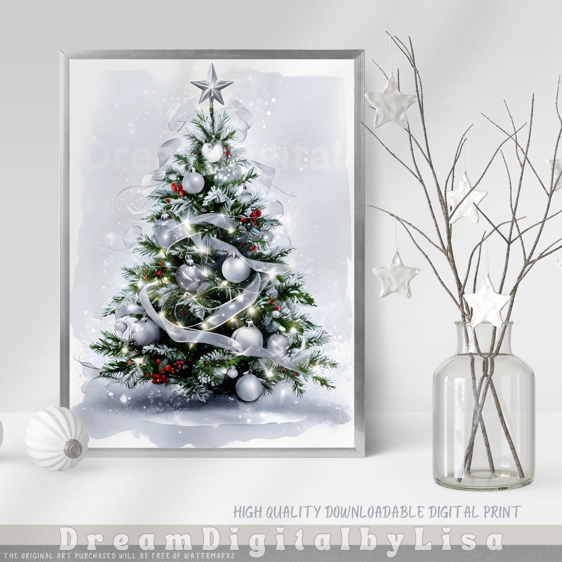 Silver White Christmas Tree Elegant Winter Holiday Tree Poster - Image 3