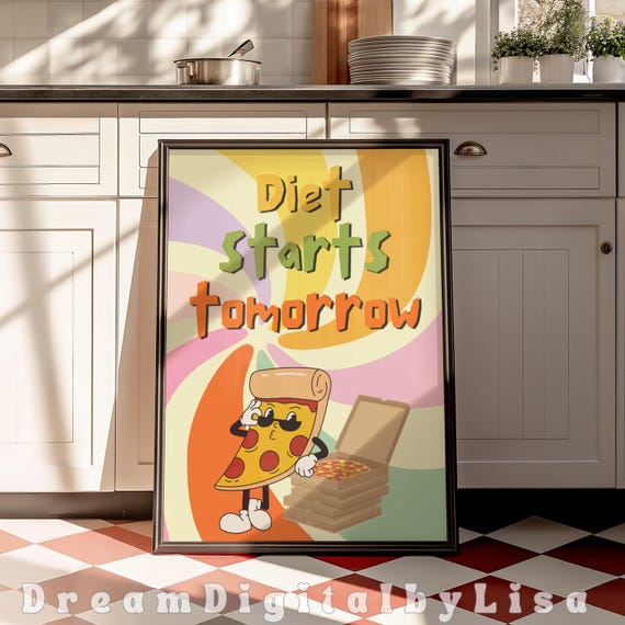 Diet Starts Tomorrow Fun Retro Bold Kitchen Wall Art Foodie Kitchen Gift Trendy Home Decor Pizza Print Instant