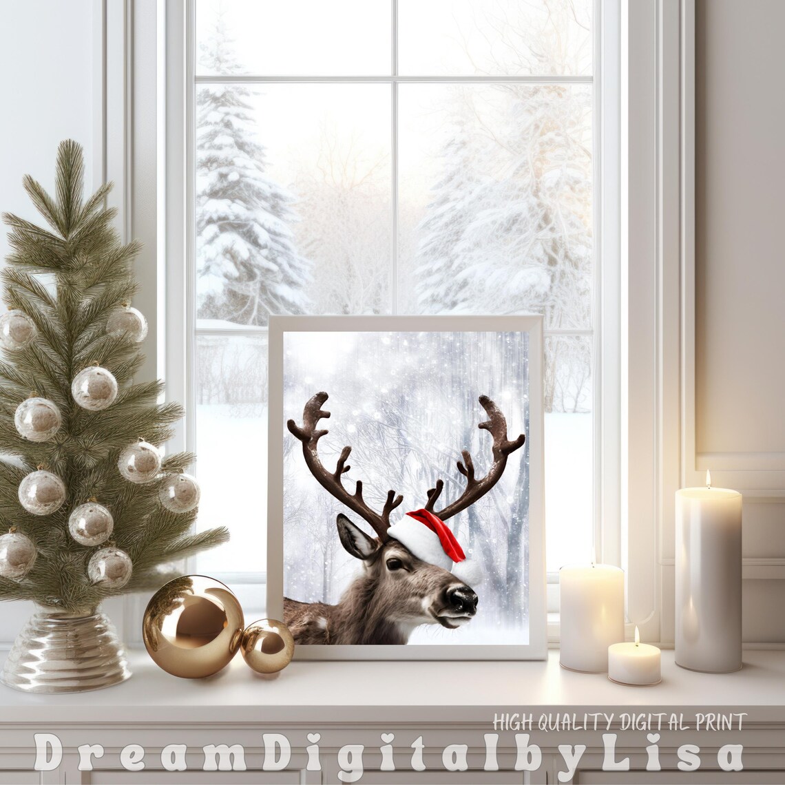 Reindeer Wearing Santa Hat in Snowy Forest Christmas Art Poster - Image 4