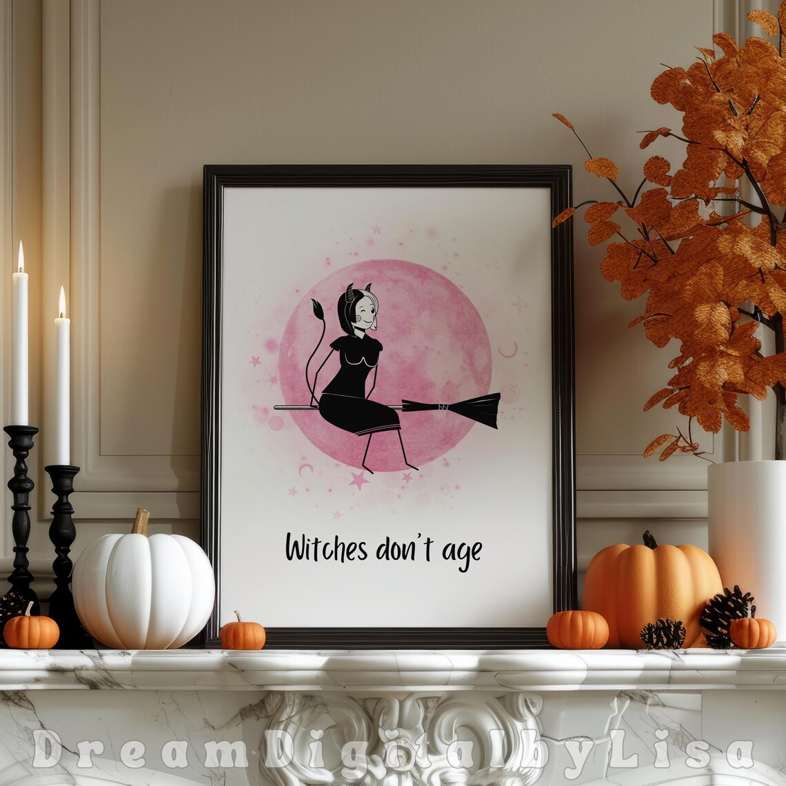 Witches Don't Age Pink Moon Witch Broomstick Halloween Poster