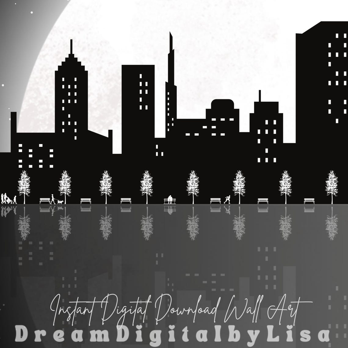Black And White City Skyline Poster Moonlit Reflection Night City Art - Image 2