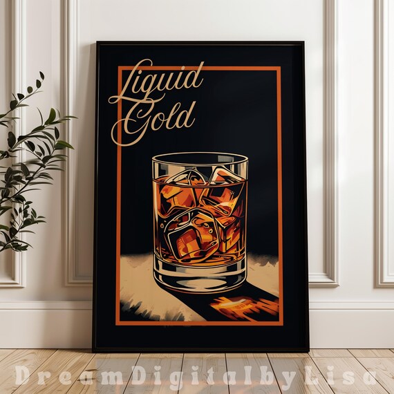 Liquid Gold Whiskey Glass On Ice Vintage Bar Decor Sign Poster