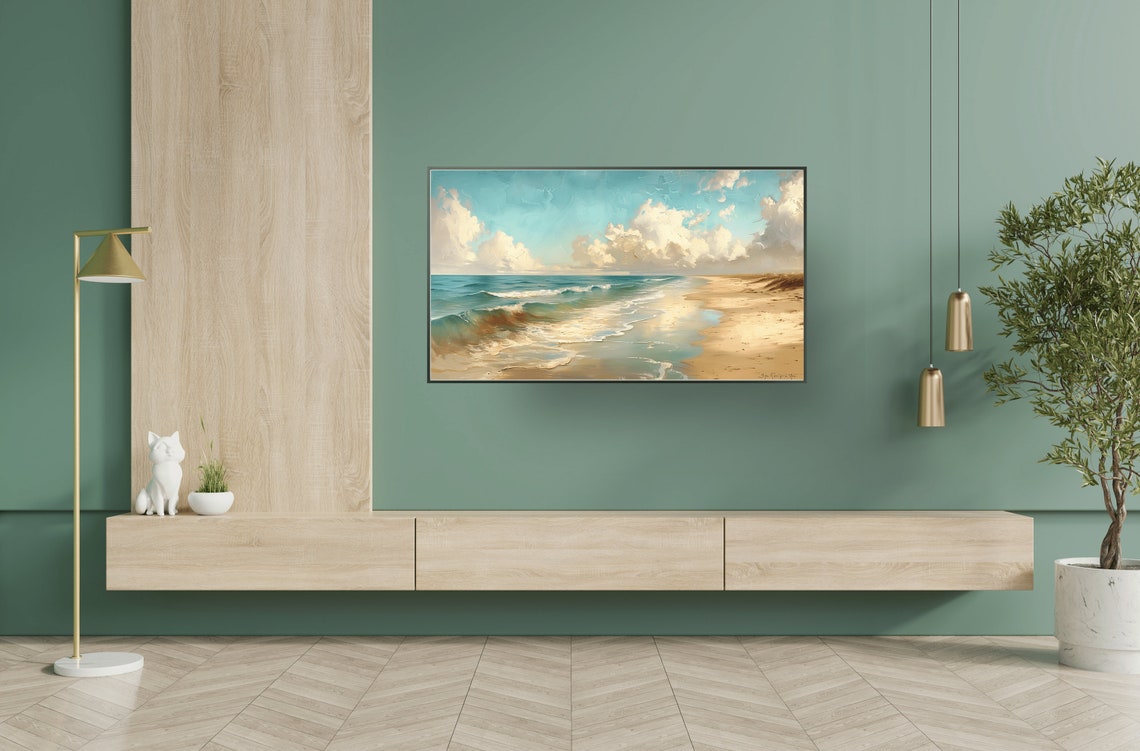 Serene Coastal Beach Ocean Waves Painting Print for Modern Home - Image 2