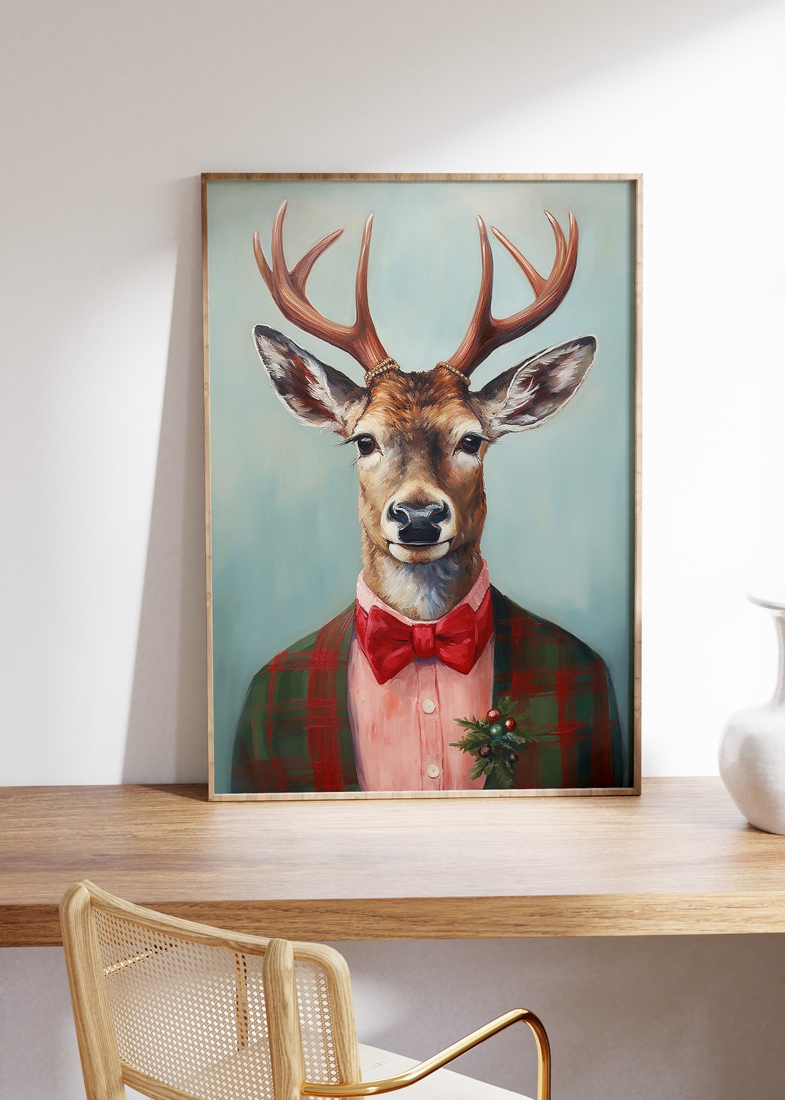 Proud Stag in Red Bow Tie Green Plaid Christmas Jacket Poster - Image 5