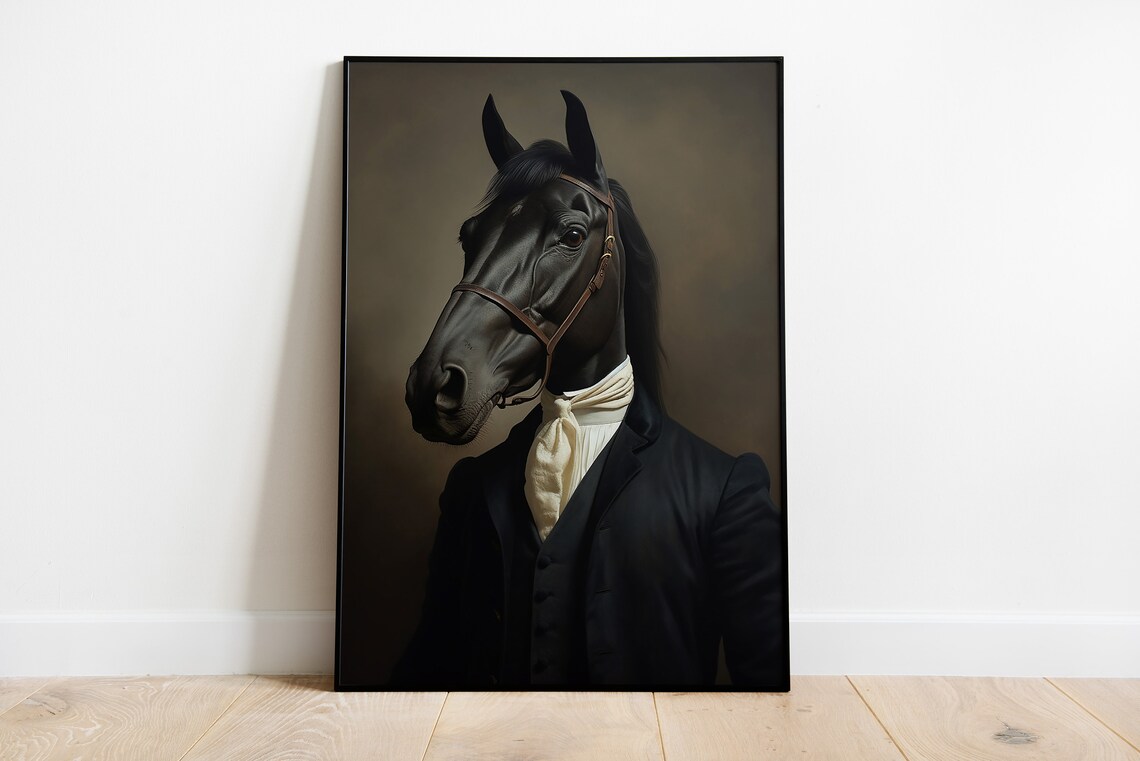 Black Horse Portrait Art Print, Renaissance Style