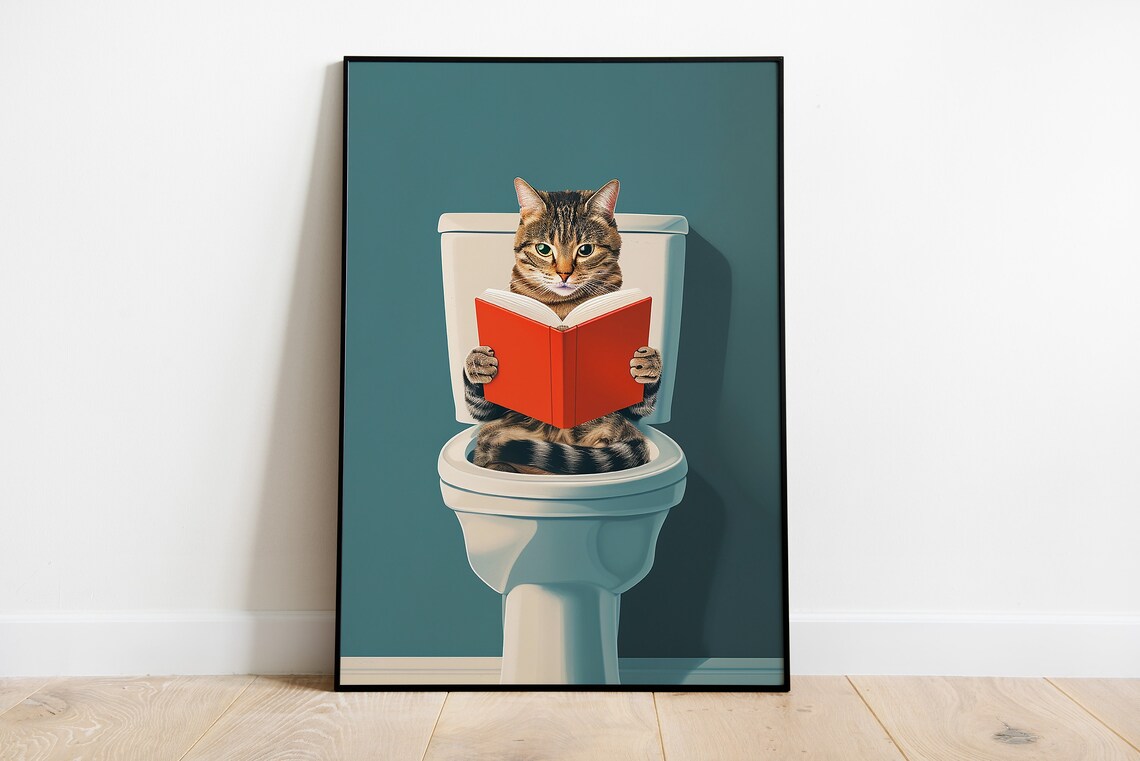 Cat Sitting On Toilet Reading Book, Funny Bathroom Art Print