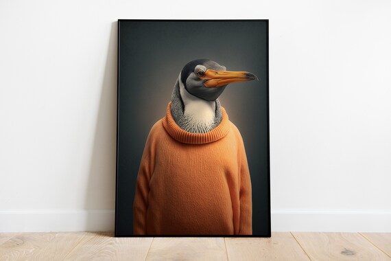 Penguin In Orange Turtleneck Sweater Anthropomorphic Art Poster